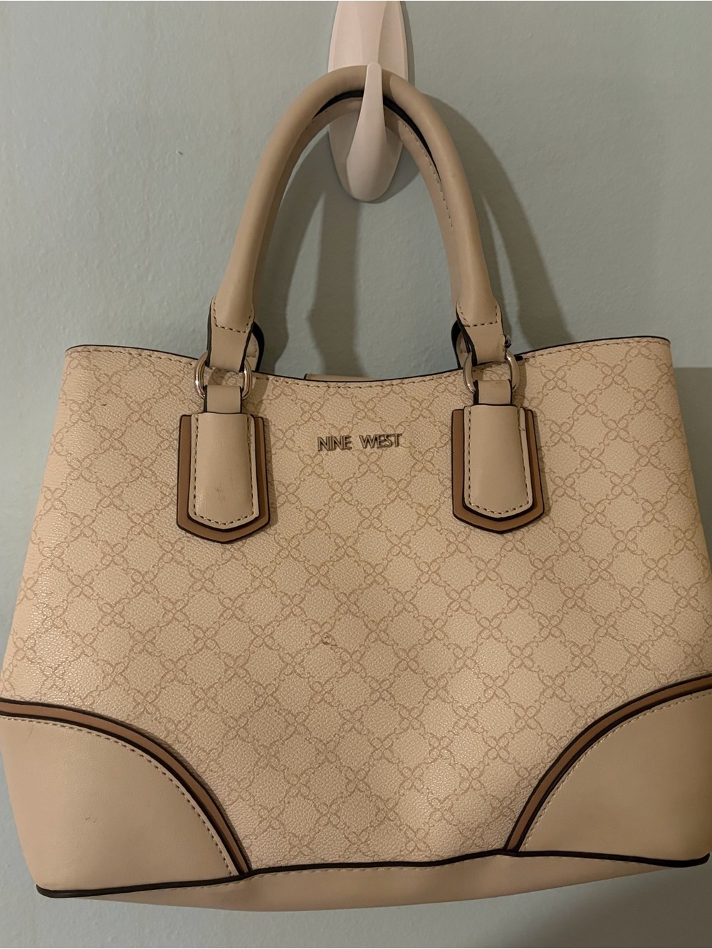 Nine West Cream Patterned Tote with Brown Trim